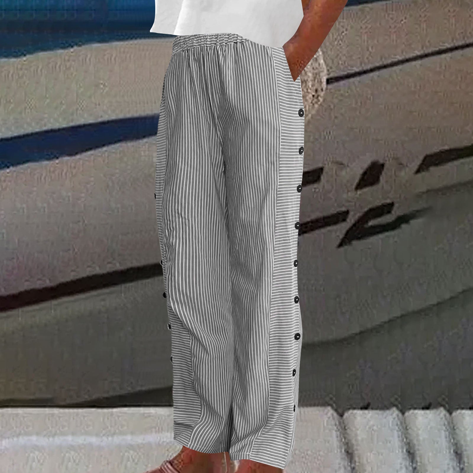 Emmeline Strathmore | Striped Linen-Cotton Button-Accent Trousers