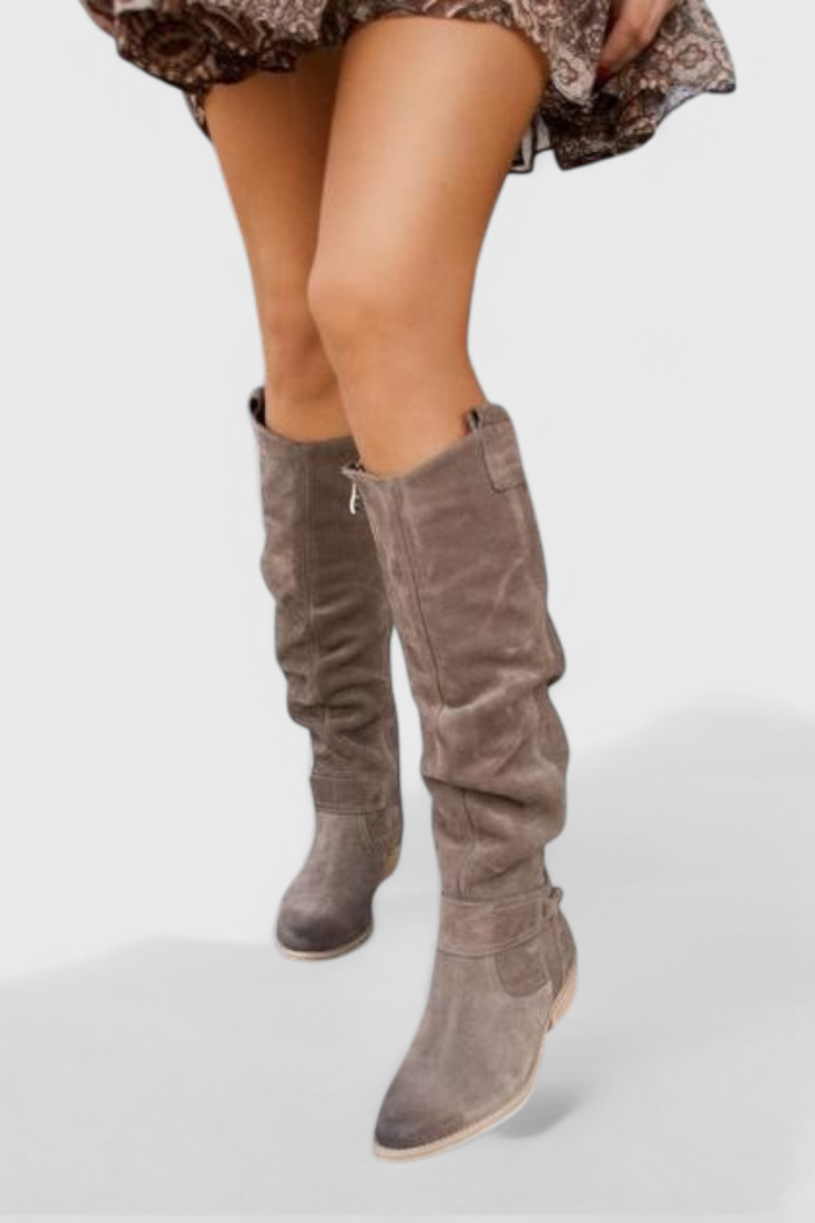 Colette Marchbanks | Tan Suede Knee-High Riding Boots