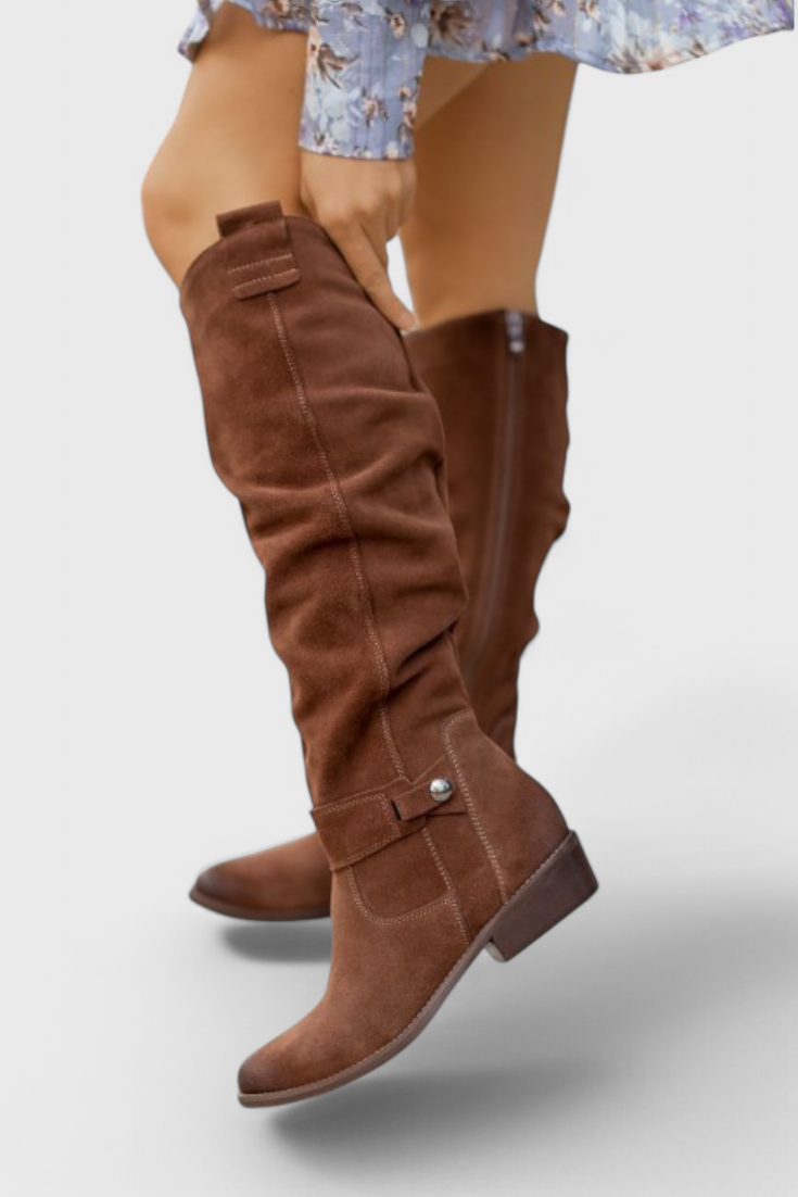 Colette Marchbanks | Tan Suede Knee-High Riding Boots