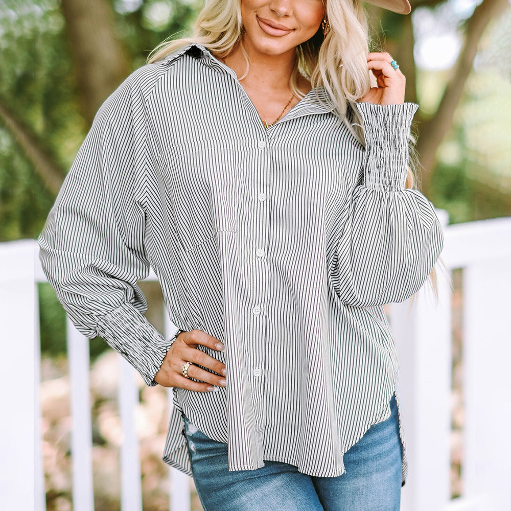 Claudia Fairmont | Oversized Blue Striped Button-Down Shirt with Smocked Cuffs