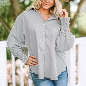Claudia Fairmont | Oversized Blue Striped Button-Down Shirt with Smocked Cuffs