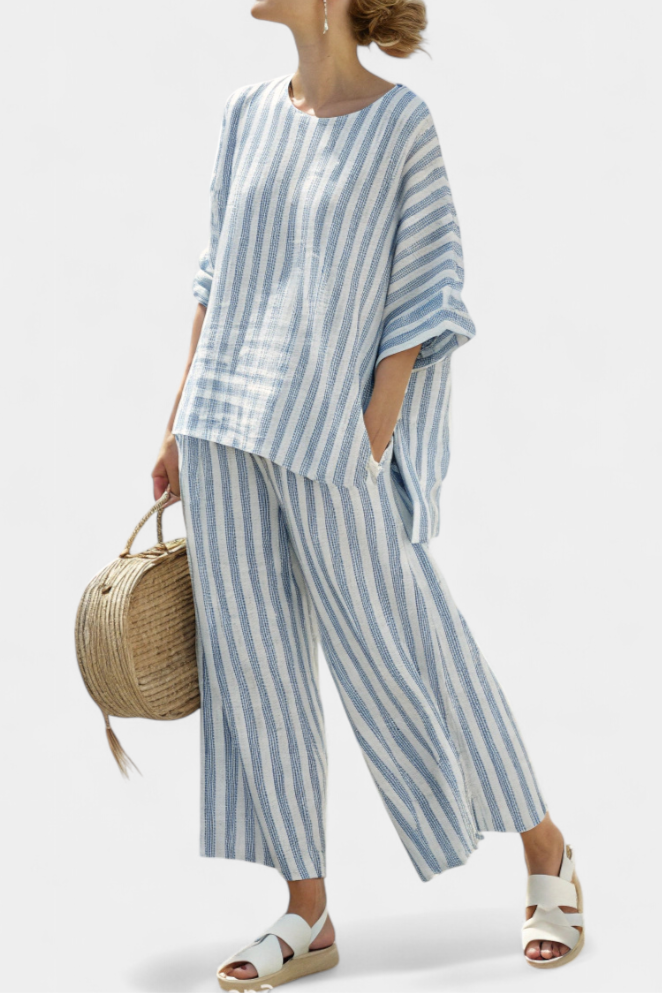 Théodore Blanchard | Blue Striped Linen Two-Piece Set with Wide-Leg Pants