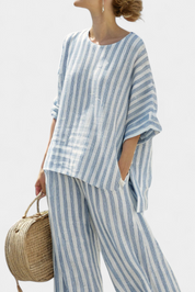 Théodore Blanchard | Blue Striped Linen Two-Piece Set with Wide-Leg Pants