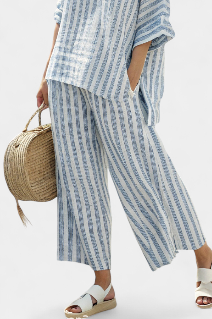 Théodore Blanchard | Blue Striped Linen Two-Piece Set with Wide-Leg Pants