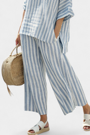 Théodore Blanchard | Blue Striped Linen Two-Piece Set with Wide-Leg Pants