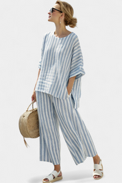 Théodore Blanchard | Blue Striped Linen Two-Piece Set with Wide-Leg Pants