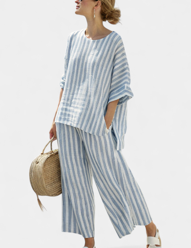 Théodore Blanchard | Blue Striped Linen Two-Piece Set with Wide-Leg Pants