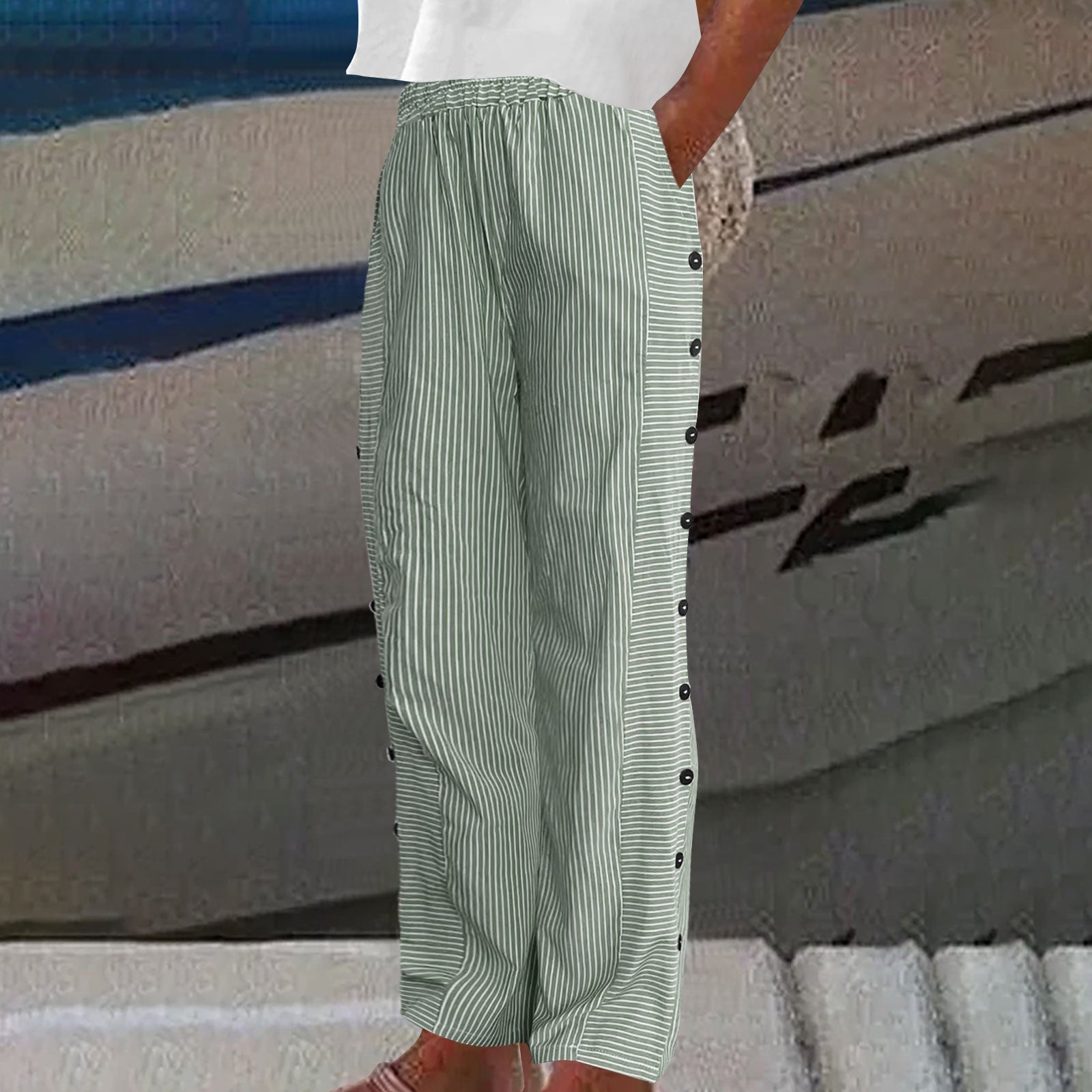 Emmeline Strathmore | Striped Linen-Cotton Button-Accent Trousers