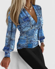 Théodeline Ravenspark | Geometric Print Deep V-Neck Wrap Top