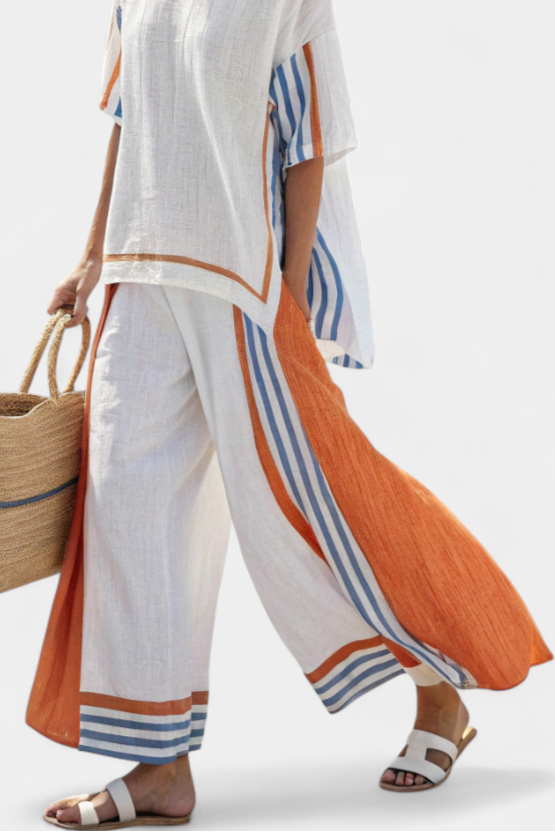 Lucinda Favreau | White Striped Linen Wide-Leg Pants & Top Set