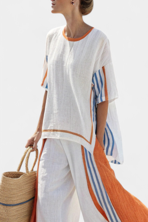 Lucinda Favreau | White Striped Linen Wide-Leg Pants & Top Set