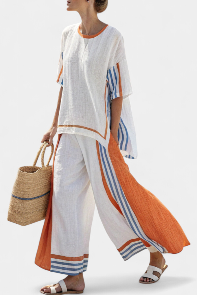 Lucinda Favreau | White Striped Linen Wide-Leg Pants & Top Set