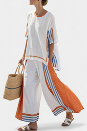 Lucinda Favreau | White Striped Linen Wide-Leg Pants & Top Set