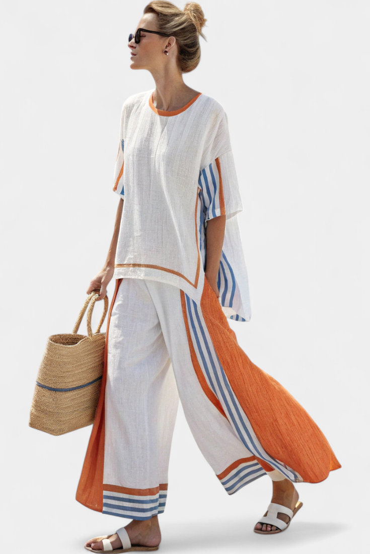 Lucinda Favreau | White Striped Linen Wide-Leg Pants & Top Set