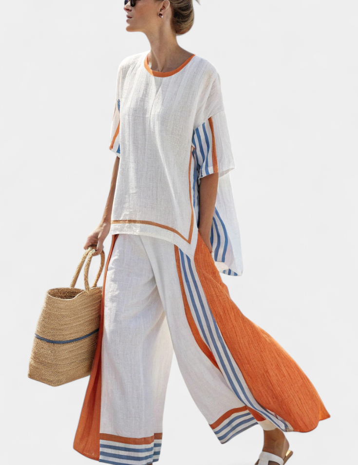Lucinda Favreau | White Striped Linen Wide-Leg Pants & Top Set