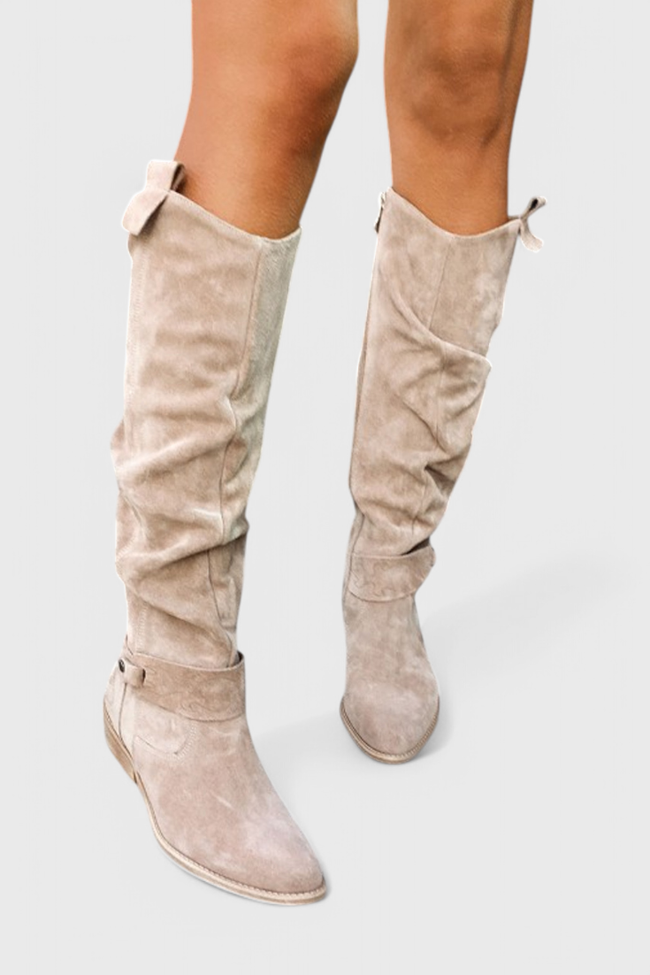 Colette Marchbanks | Tan Suede Knee-High Riding Boots