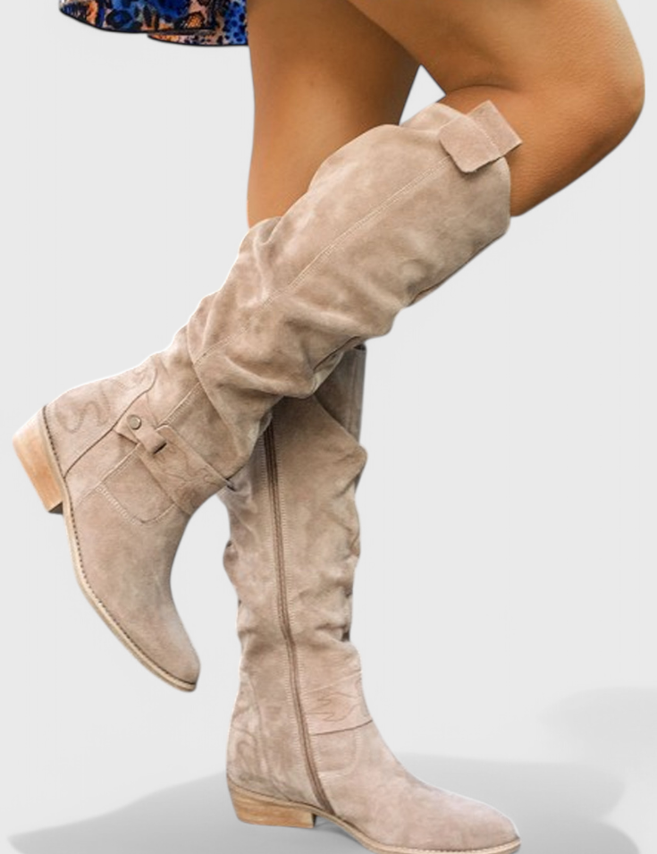 Colette Marchbanks | Tan Suede Knee-High Riding Boots