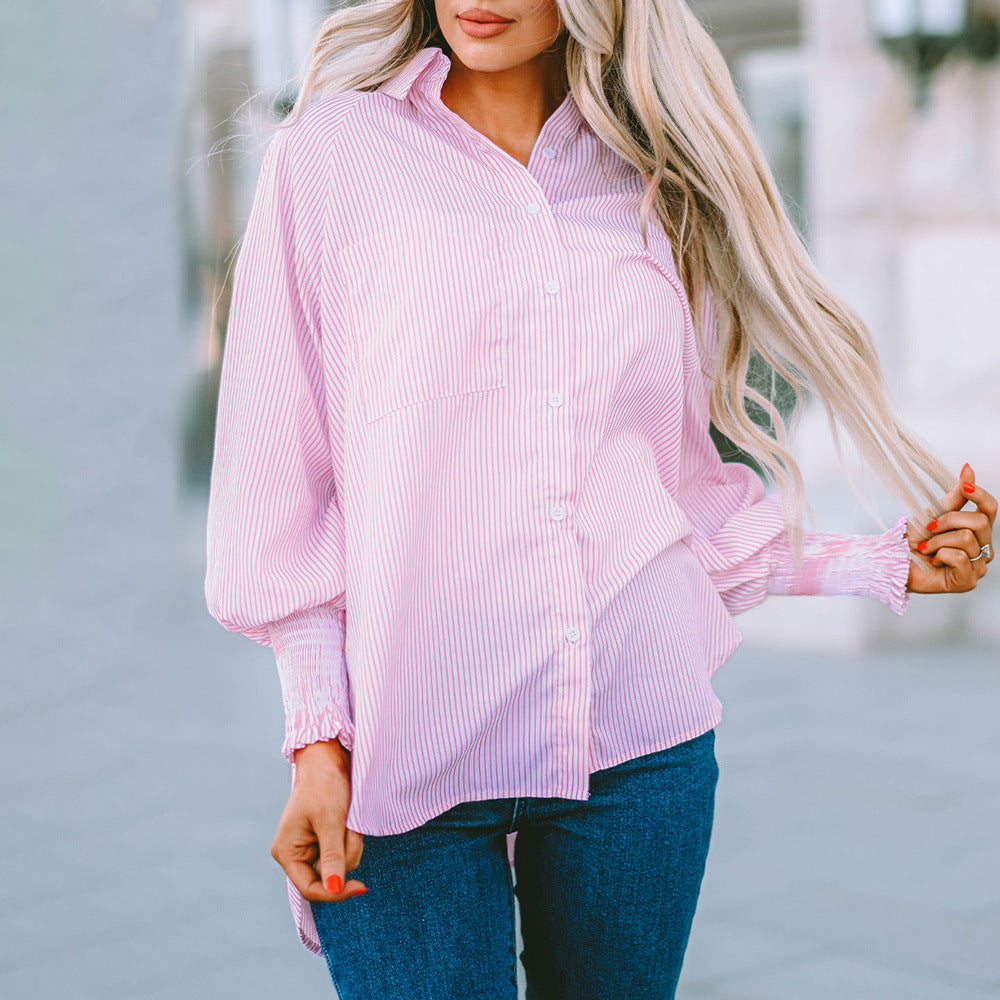 Claudia Fairmont | Oversized Blue Striped Button-Down Shirt with Smocked Cuffs