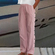 Emmeline Strathmore | Striped Linen-Cotton Button-Accent Trousers