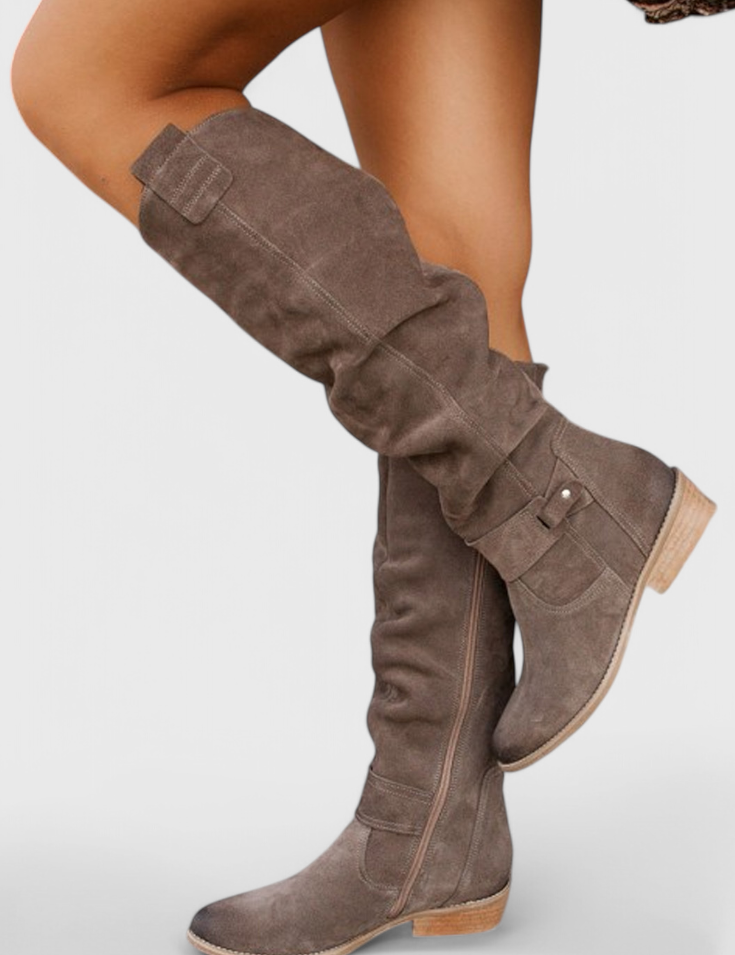 Colette Marchbanks | Tan Suede Knee-High Riding Boots