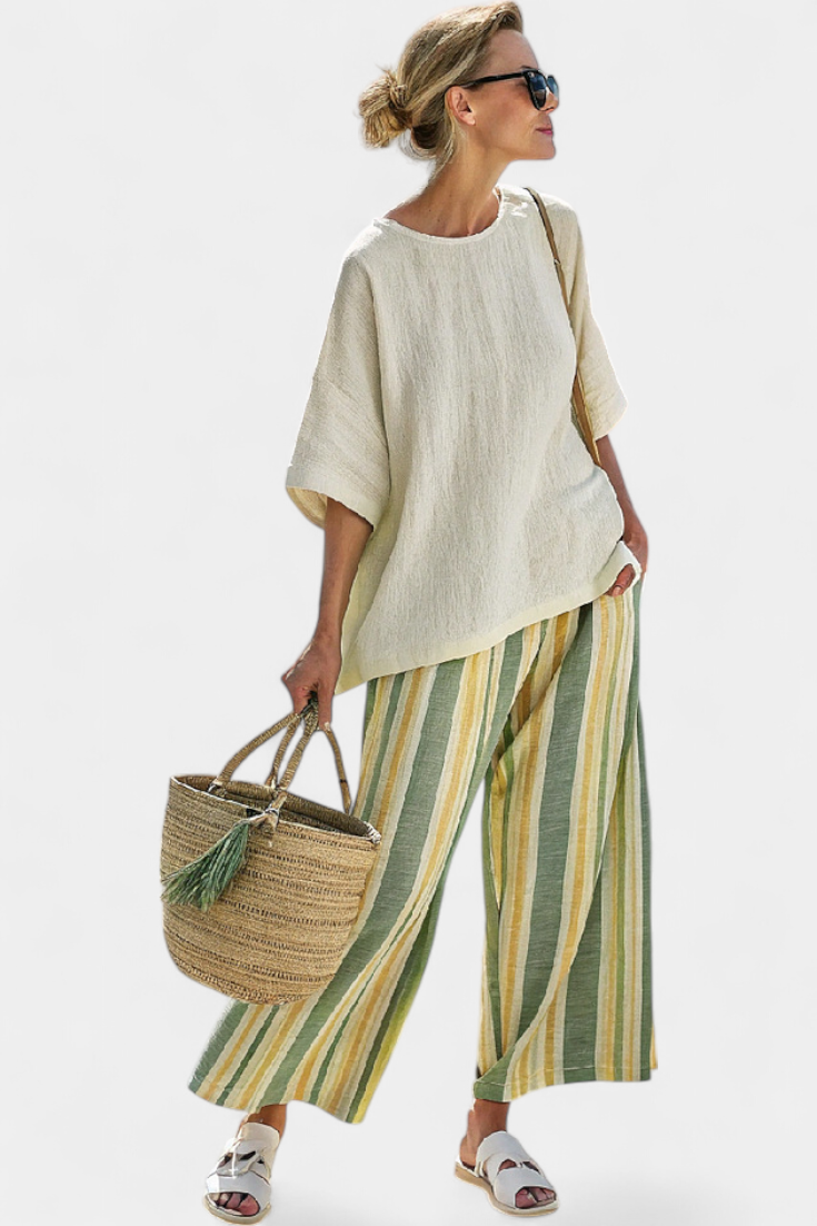 Pauline Estermont | Linen Two-Piece Top & Striped Wide-Leg Pants Set