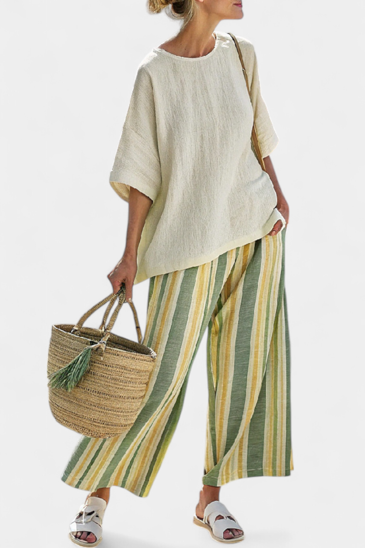 Pauline Estermont | Linen Two-Piece Top & Striped Wide-Leg Pants Set