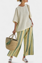 Pauline Estermont | Linen Two-Piece Top & Striped Wide-Leg Pants Set
