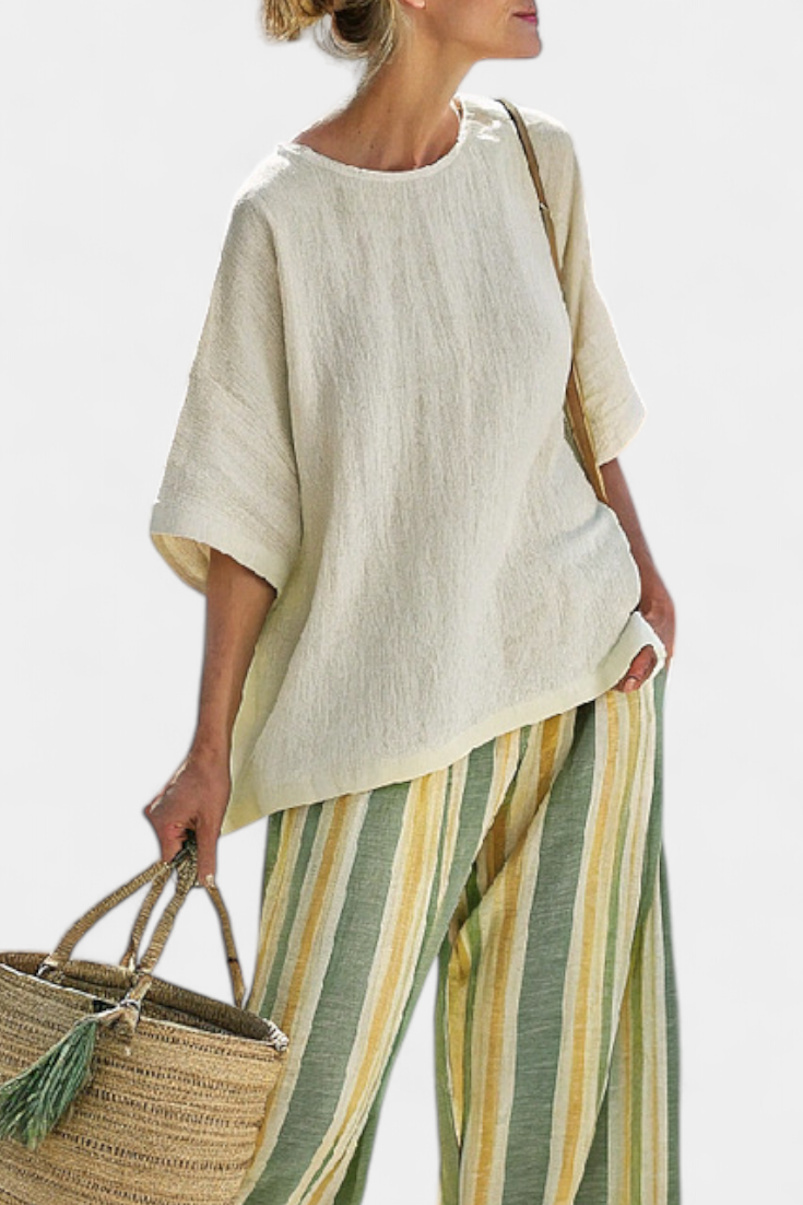 Pauline Estermont | Linen Two-Piece Top & Striped Wide-Leg Pants Set