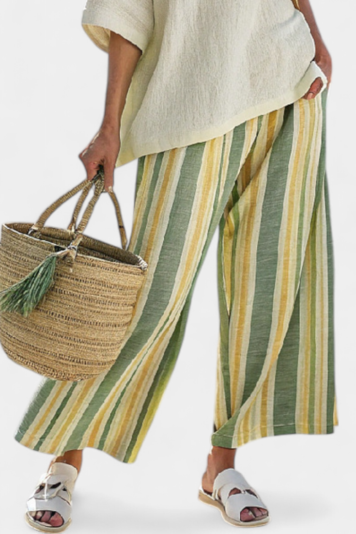 Pauline Estermont | Linen Two-Piece Top & Striped Wide-Leg Pants Set