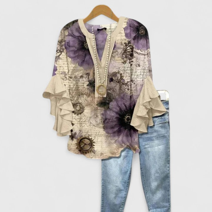 Elspeth Carmontaine | Blue Floral Ruffle Sleeve Blouse