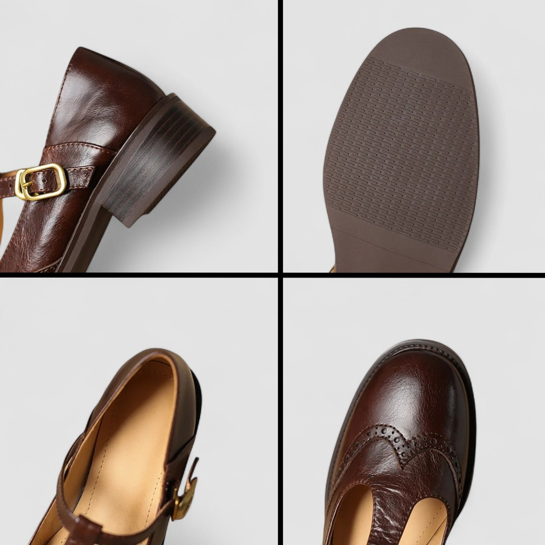 Aurelie Sinclair | Cream Leather T-Strap Brogue Mary Jane Flats