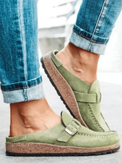 Seraphine Beauvais | Suede Buckle Comfort Clogs in Sage Green