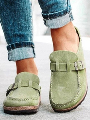 Seraphine Beauvais | Suede Buckle Comfort Clogs in Sage Green