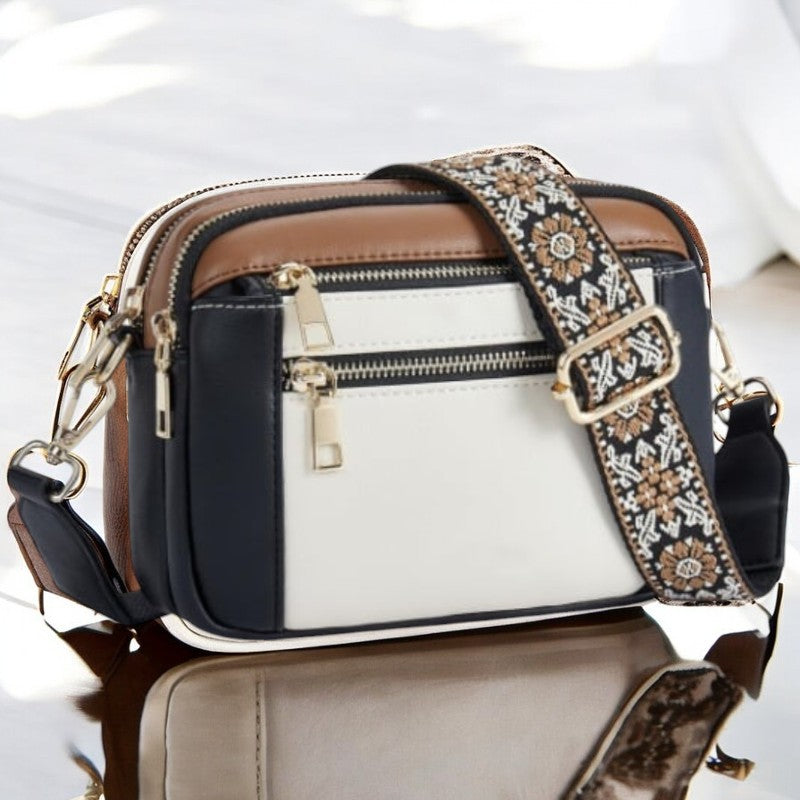 Elaine Beausoleil | White Faux Leather Crossbody Bag with Floral Strap