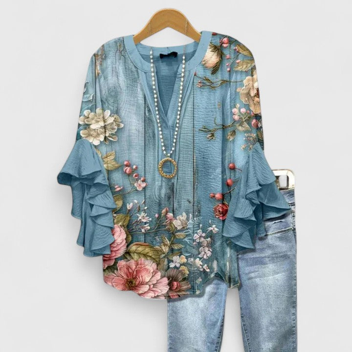 Elspeth Carmontaine | Blue Floral Ruffle Sleeve Blouse
