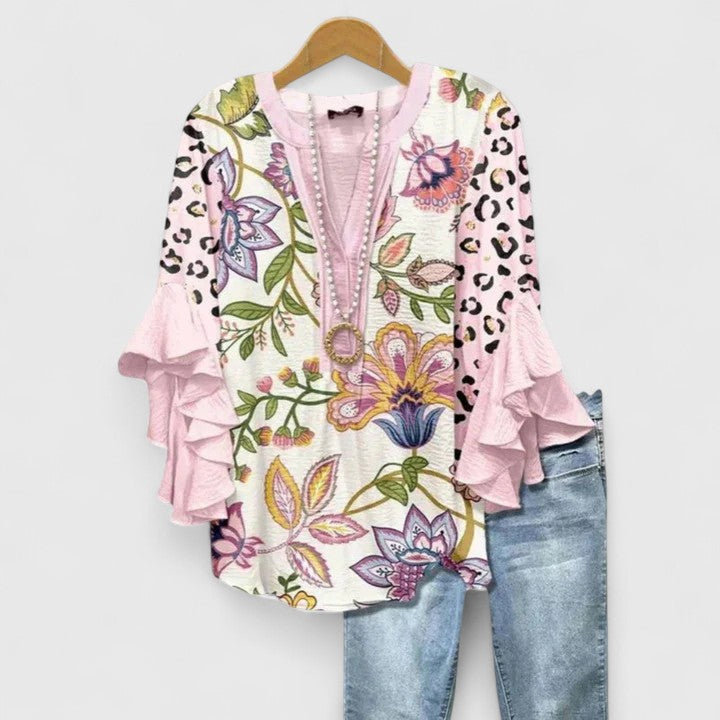 Elspeth Carmontaine | Blue Floral Ruffle Sleeve Blouse