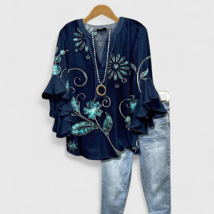 Elspeth Carmontaine | Blue Floral Ruffle Sleeve Blouse