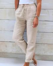Florence Beauregard | Light Blue Linen-Cotton Drawstring Trousers