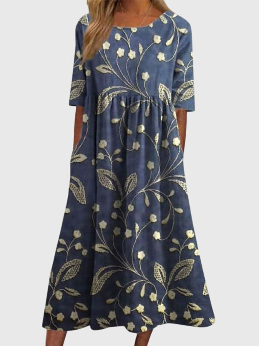 Célimène Fairgrove | Blue Floral Midi Dress with Half Sleeves