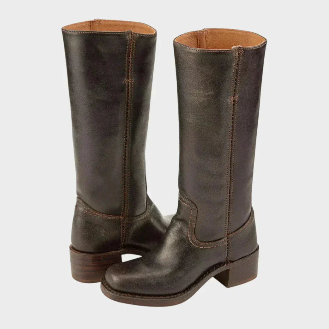 Dominique Ravenbourne | Black Leather Knee-High Western Boots