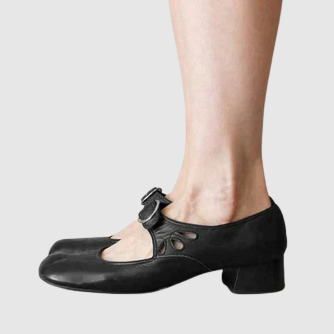 Emmeline Varreaux | Black Leather Mary Jane Low Heel Shoes