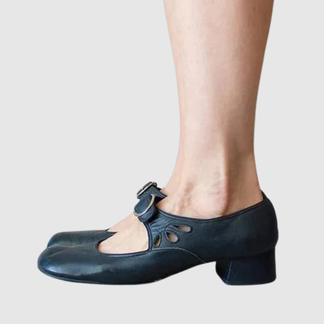 Emmeline Varreaux | Black Leather Mary Jane Low Heel Shoes