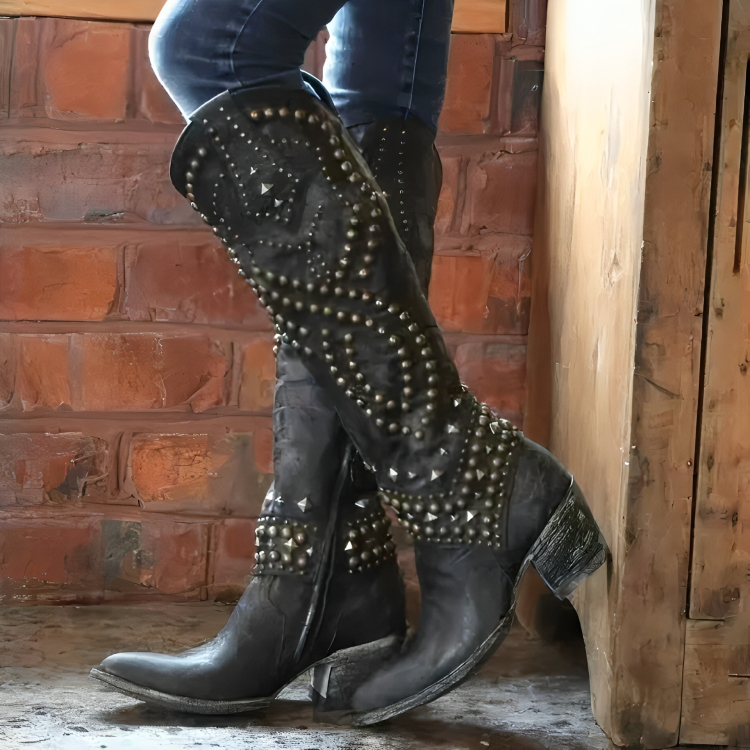 Valentina Crestbourne | Purple Studded Knee-High Western Boots