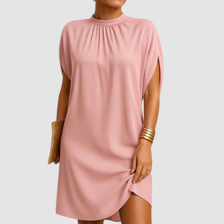 Colette Vaumoreau | Pink Mock Neck Batwing Split Sleeve Midi Dress