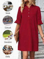 Aurelie Wyndcroft | Black Button-Down Shirt Dress with 3/4 Sleeves