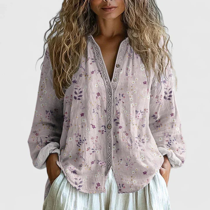 Floriane Deschênes | Boho Floral Print Long Sleeve Blouse in Green