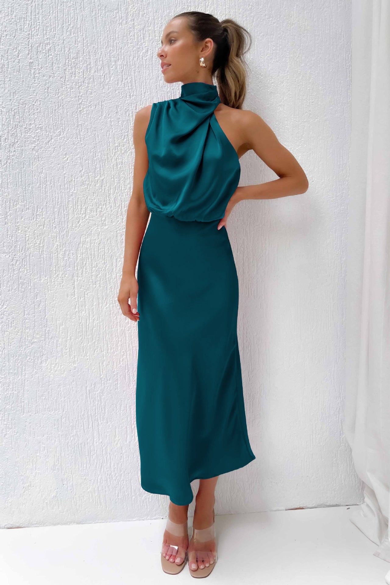 Théodeline Beauvaux | Sage Green Satin Halter Midi Dress