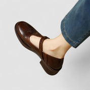 Aurelie Sinclair | Cream Leather T-Strap Brogue Mary Jane Flats