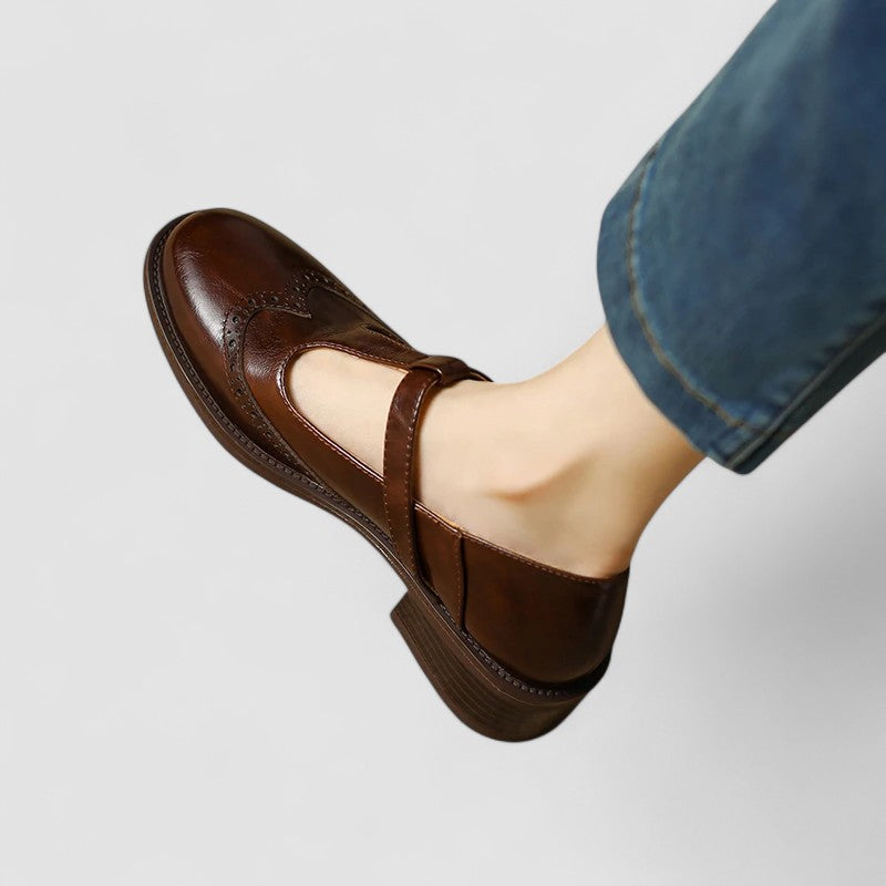 Aurelie Sinclair | Cream Leather T-Strap Brogue Mary Jane Flats
