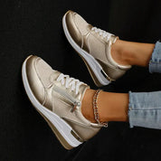 Marguerite Solvaine | Silver Metallic Platform Sneakers with Side Zipper